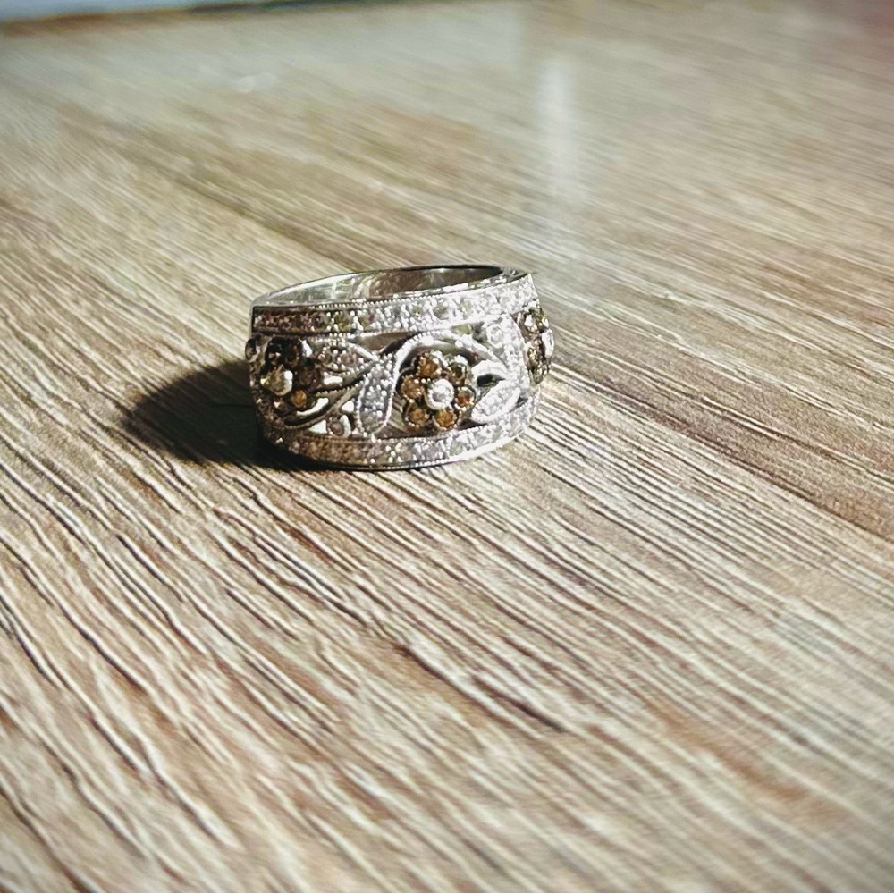 LeVian 18K White Gold Chocolate & Vanilla Diamond Floral Wide Band Ring